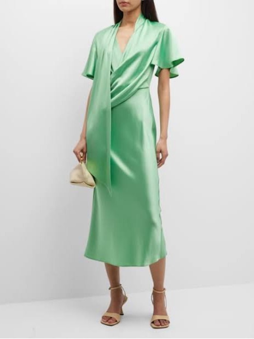 Acler Mint Green Satin Tie-Neck Midi Dress